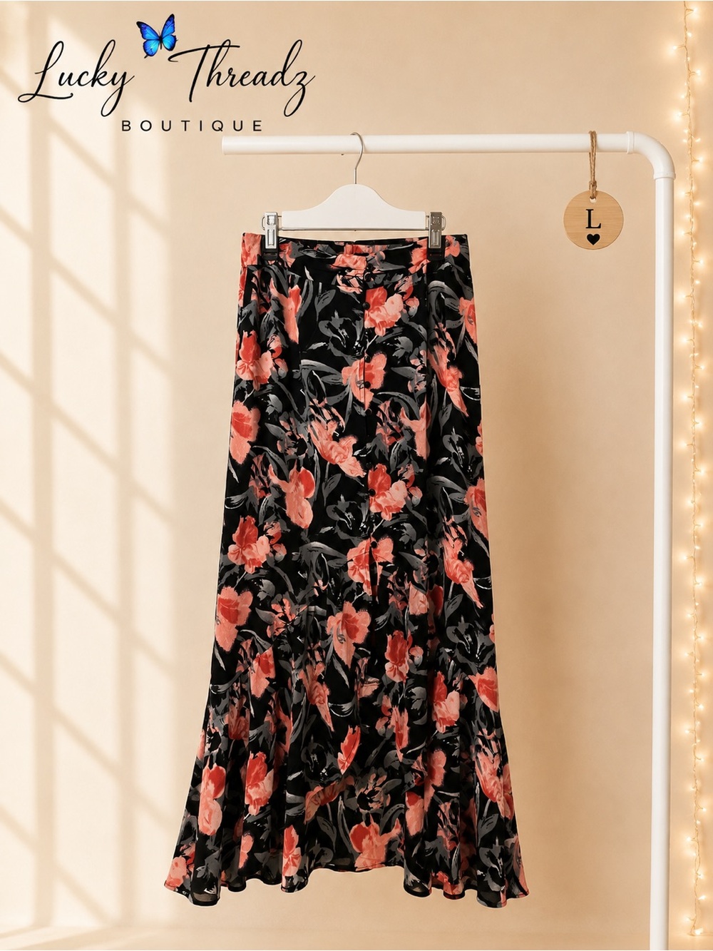 free press Black Maxi Skirt with Coral Floral Print